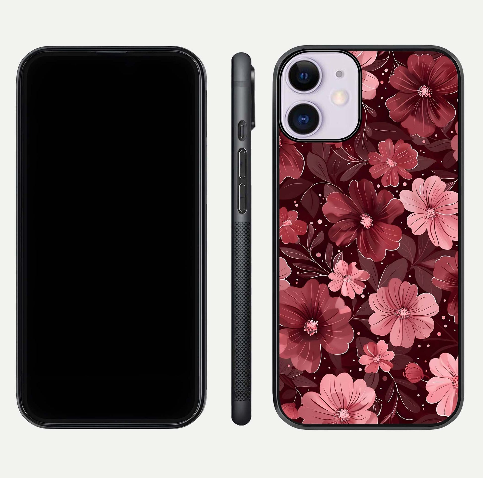 Flower Blush Bloom Glass Case for iPhone 11 dual-view layout displaying HD print and smooth curves