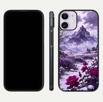 Flower Mountain View Glass Case for iPhone 11 dual-view layout displaying scenic tones and curved glass finish
