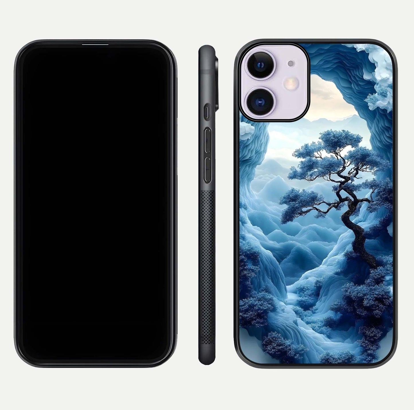 Frozen Serenity Gate Glass Case for iPhone 11 dual-view layout displaying winter theme and smooth curves