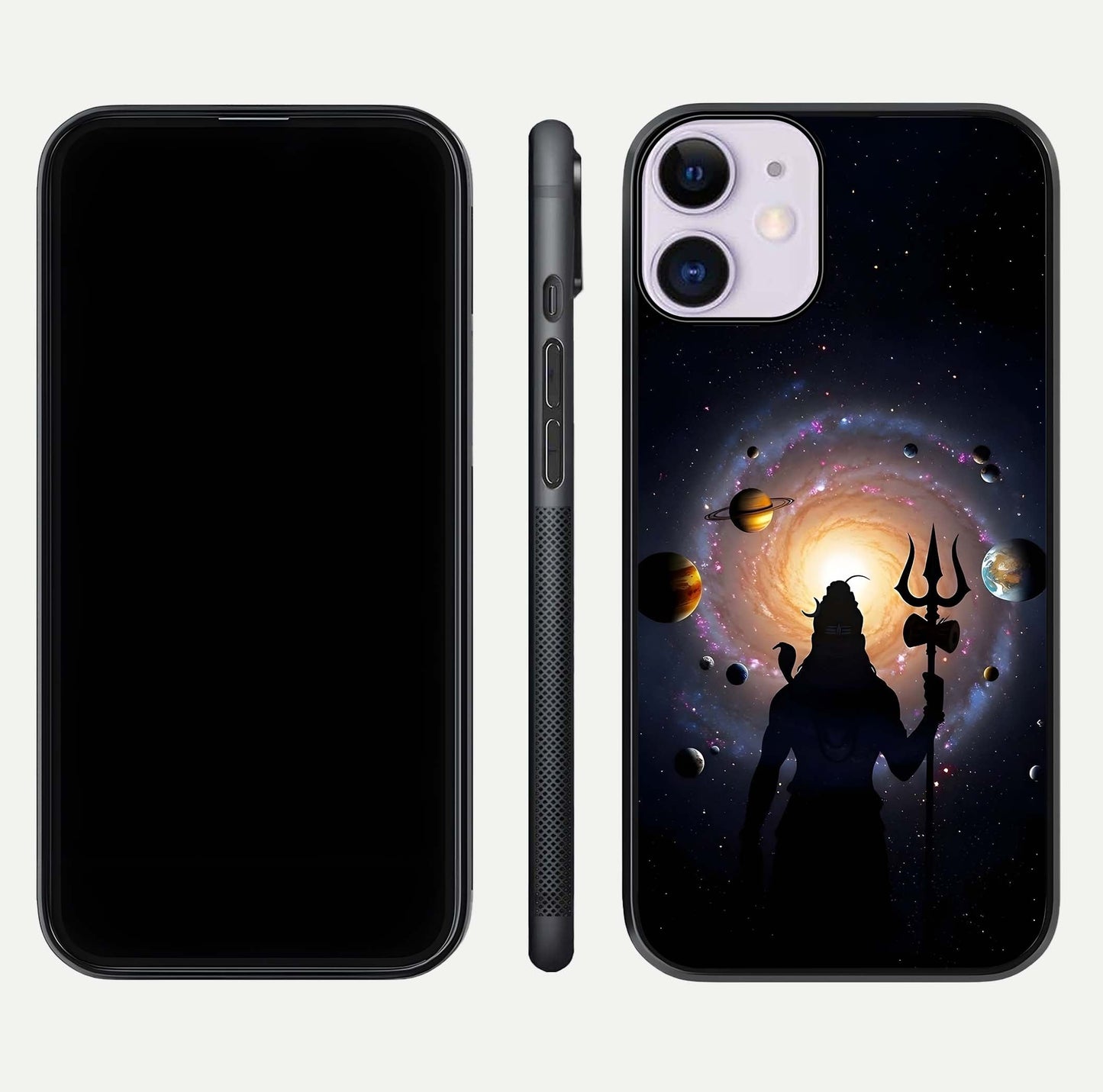 Galactic Shiva Vision Glass Case for iPhone 11 front and back view layout showing celestial background and polished curved glass