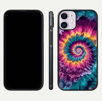Galactic Spiral Burst Glass Case for iPhone 11 front and back view layout highlighting cosmic swirl and curved edges