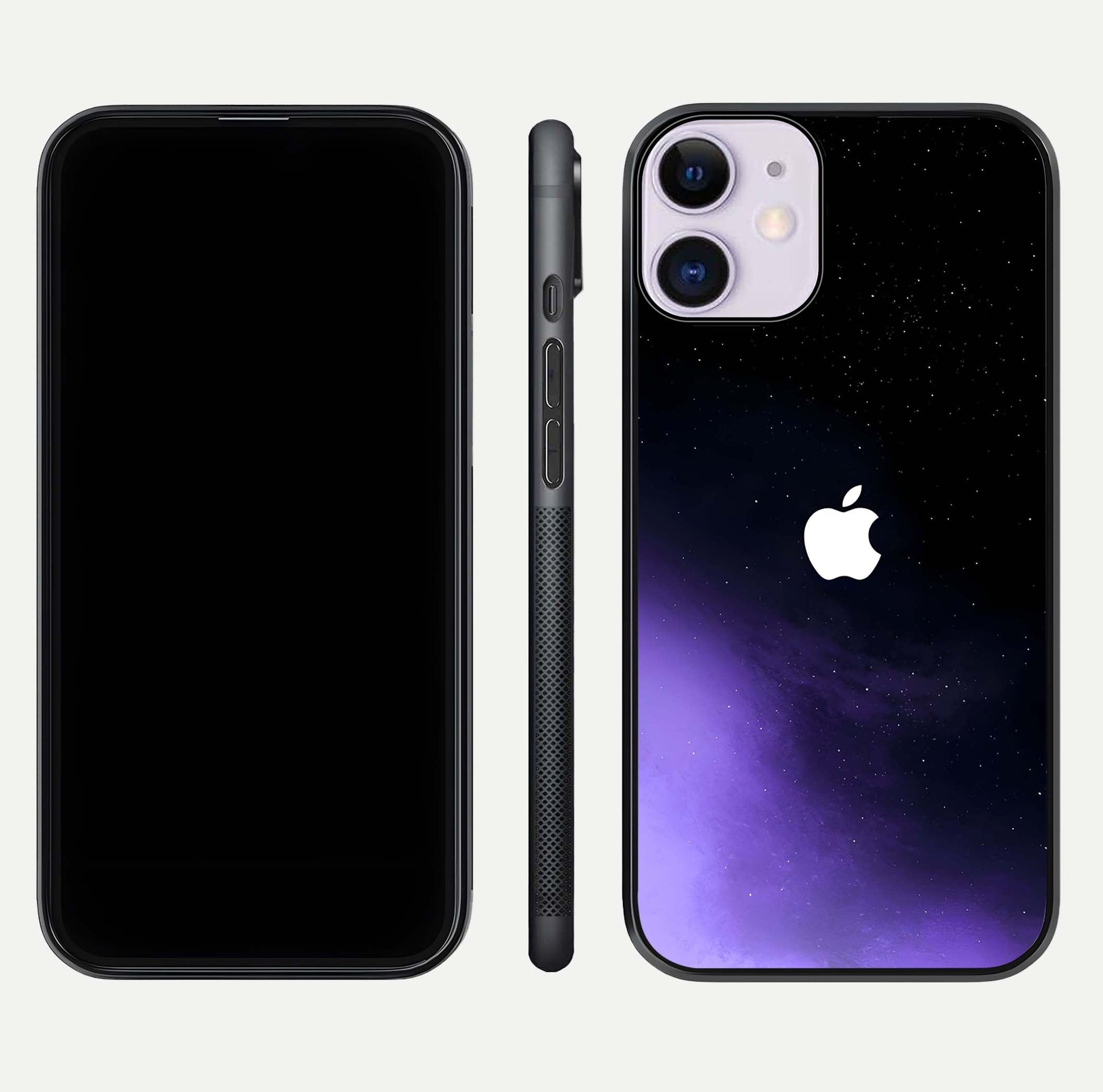 Galaxy Apple Aura Glass Case for iPhone 11 front and back view layout displaying cosmic tones and premium curved glass edges