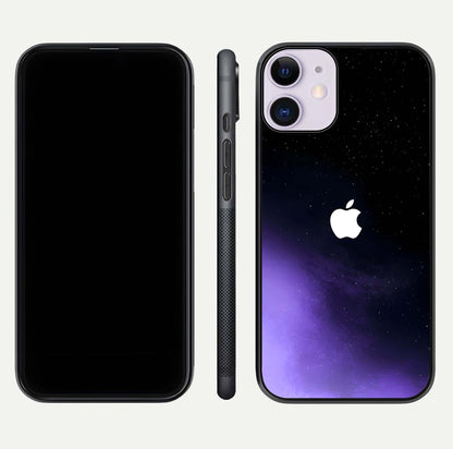 Galaxy Apple Aura Glass Case for iPhone 11 front and back view layout displaying cosmic tones and premium curved glass edges