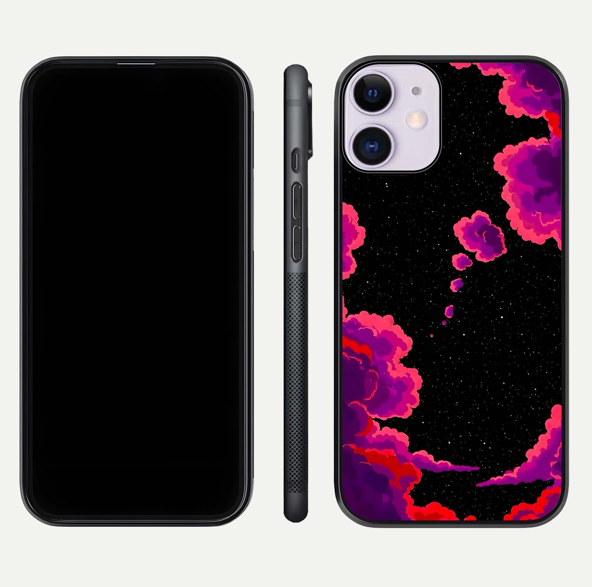 Galaxy Dream Frame Glass Case for iPhone 11 front and back view layout highlighting cosmic design and smooth glass curvature