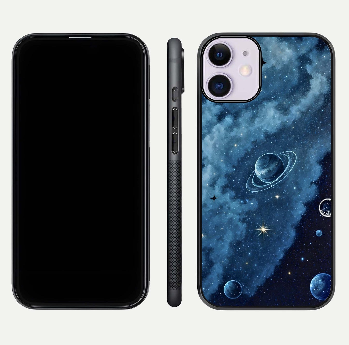 Galaxy Dream Space Glass Case for iPhone 11 front and back view layout showing deep-space tones and curved edges