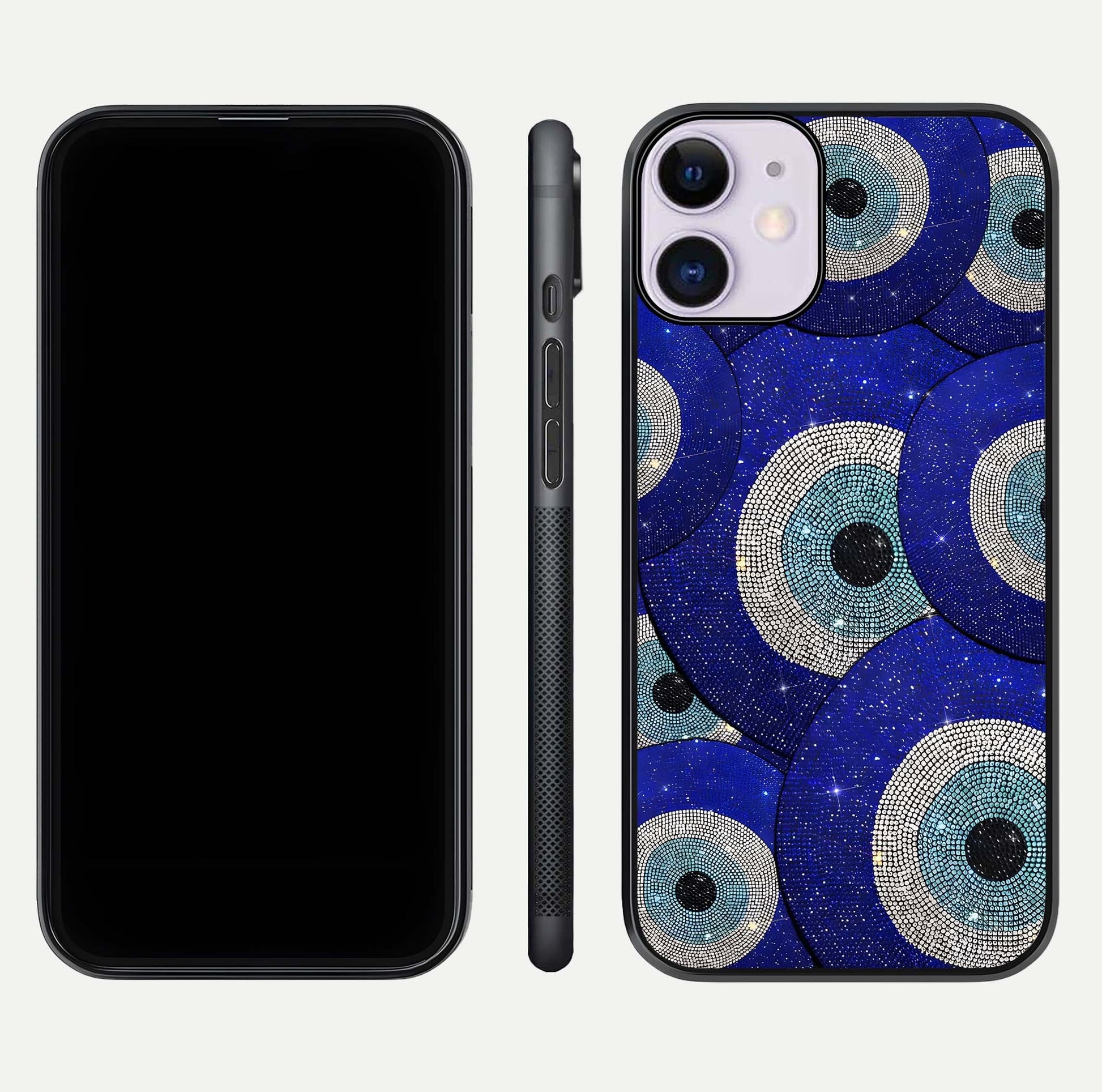 Galaxy Eye Flow Glass Case for iPhone 11 front and back view layout displaying cosmic art and curved glass borders