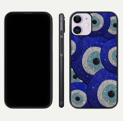 Galaxy Eye Flow Glass Case for iPhone 11 front and back view layout displaying cosmic art and curved glass borders