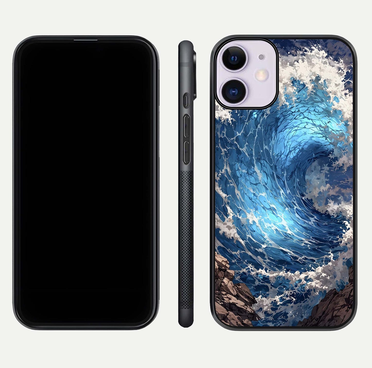 Giant Ocean Wave Glass Case for iPhone 11 front and back view layout displaying sea tones and smooth curved edges