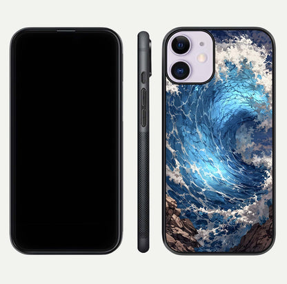 Giant Ocean Wave Glass Case for iPhone 11 front and back view layout displaying sea tones and smooth curved edges