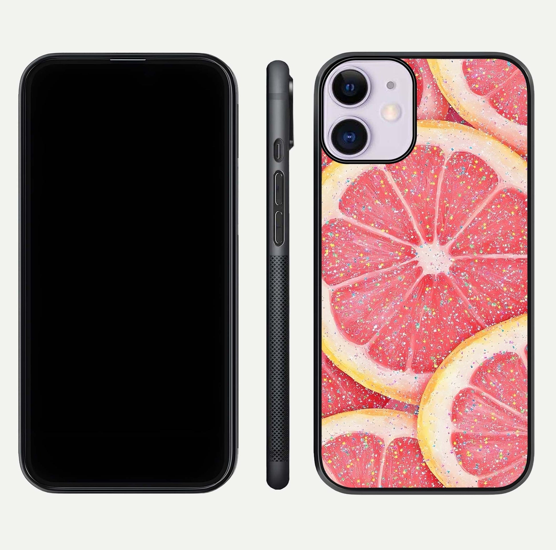 Glitter Grapefruit Glass Case for iPhone 11 front and back view layout highlighting citrus hues and smooth glass