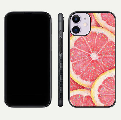 Glitter Grapefruit Glass Case for iPhone 11 front and back view layout highlighting citrus hues and smooth glass