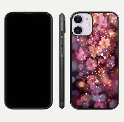 Glowing Petal Bliss Glass Case for iPhone 11 front and back view layout displaying artistic floral design and curved glass