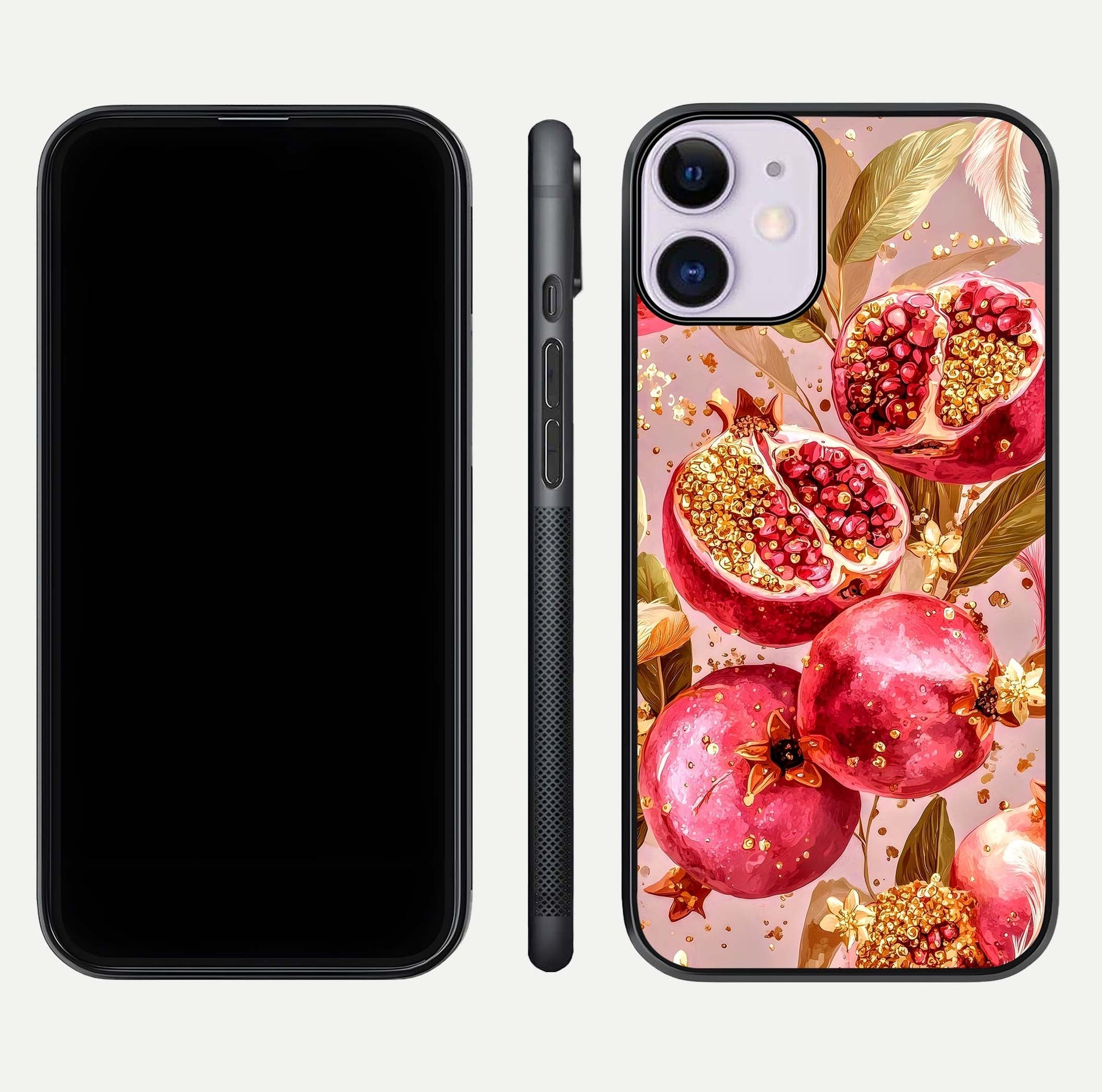 Golden Bloom Glow Glass Case for iPhone 11 front and back view layout highlighting luxury floral pattern and curved edges