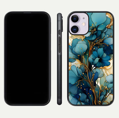 Golden Bloom Symphony Glass Case for iPhone 11 front and back view layout highlighting rich floral tones and curved glass edges