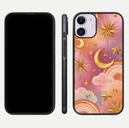 Golden Celestial Dreams Glass Case for iPhone 11 front and back view layout highlighting celestial motifs and smooth curved edge