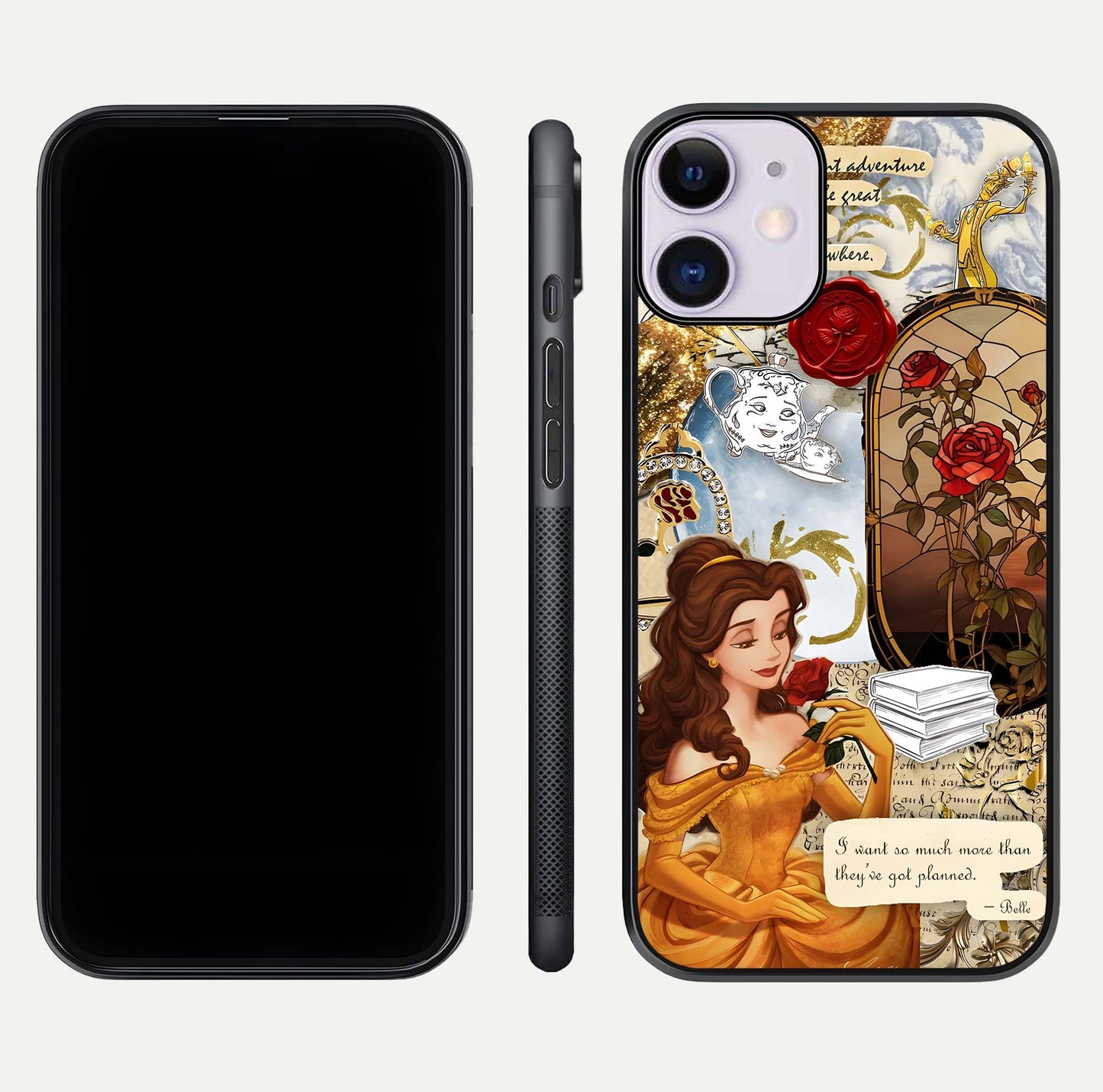 Golden Dream Belle Glass Case for iPhone 11 front and back view layout displaying dreamy golden theme and smooth curvature