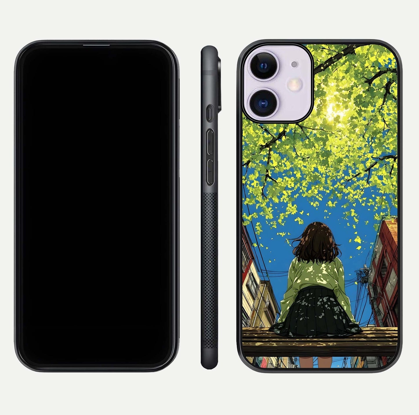 Golden Leaves Glow Glass Case for iPhone 11 front and back view layout highlighting glowing tones and curved edges