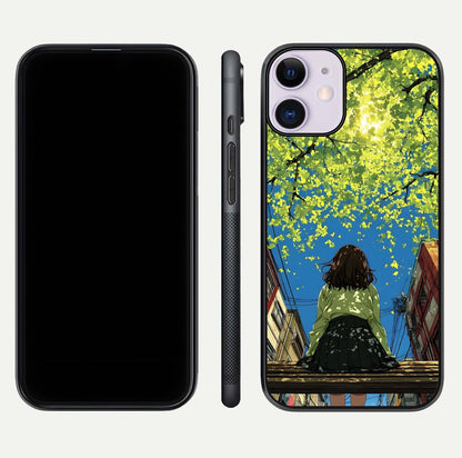 Golden Leaves Glow Glass Case for iPhone 11 front and back view layout highlighting glowing tones and curved edges