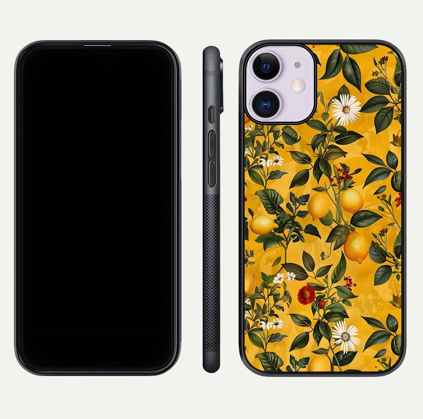 Golden Lemon Field Glass Case for iPhone 11 front and back view layout highlighting fruity tones and curved glass edges