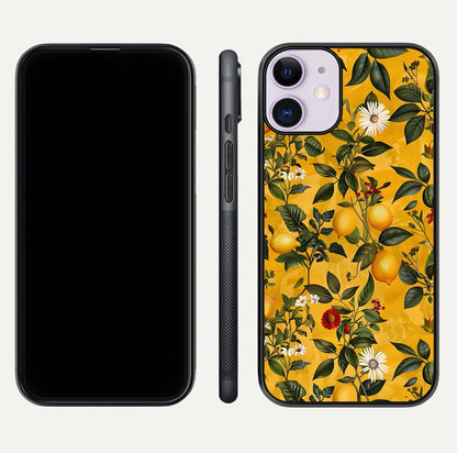 Golden Lemon Field Glass Case for iPhone 11 front and back view layout highlighting fruity tones and curved glass edges