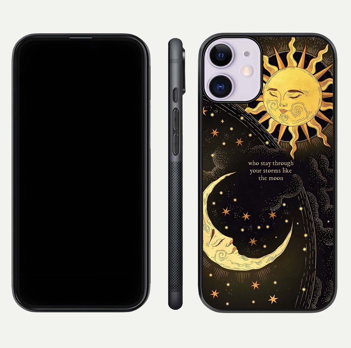 Golden Lunar Love Glass Case for iPhone 11 front and back view layout highlighting celestial tones and curved edges