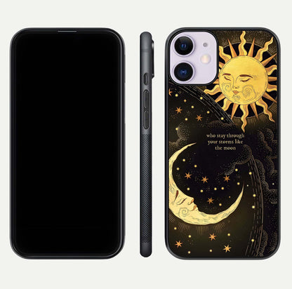 Golden Lunar Love Glass Case for iPhone 11 front and back view layout highlighting celestial tones and curved edges