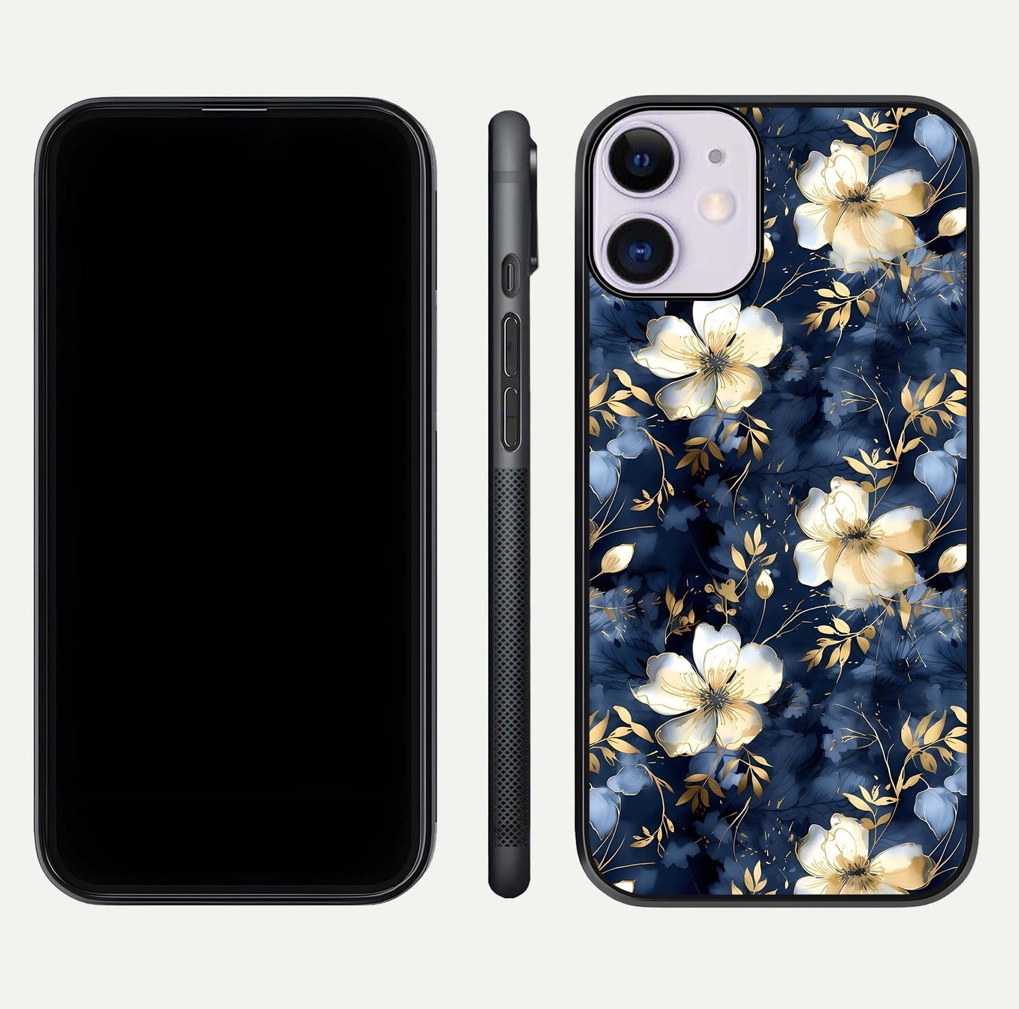 Golden Midnight Bloom Glass Case for iPhone 11 front and back view layout highlighting dark-gold tones and smooth curves