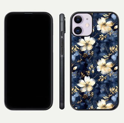 Golden Midnight Bloom Glass Case for iPhone 11 front and back view layout highlighting dark-gold tones and smooth curves