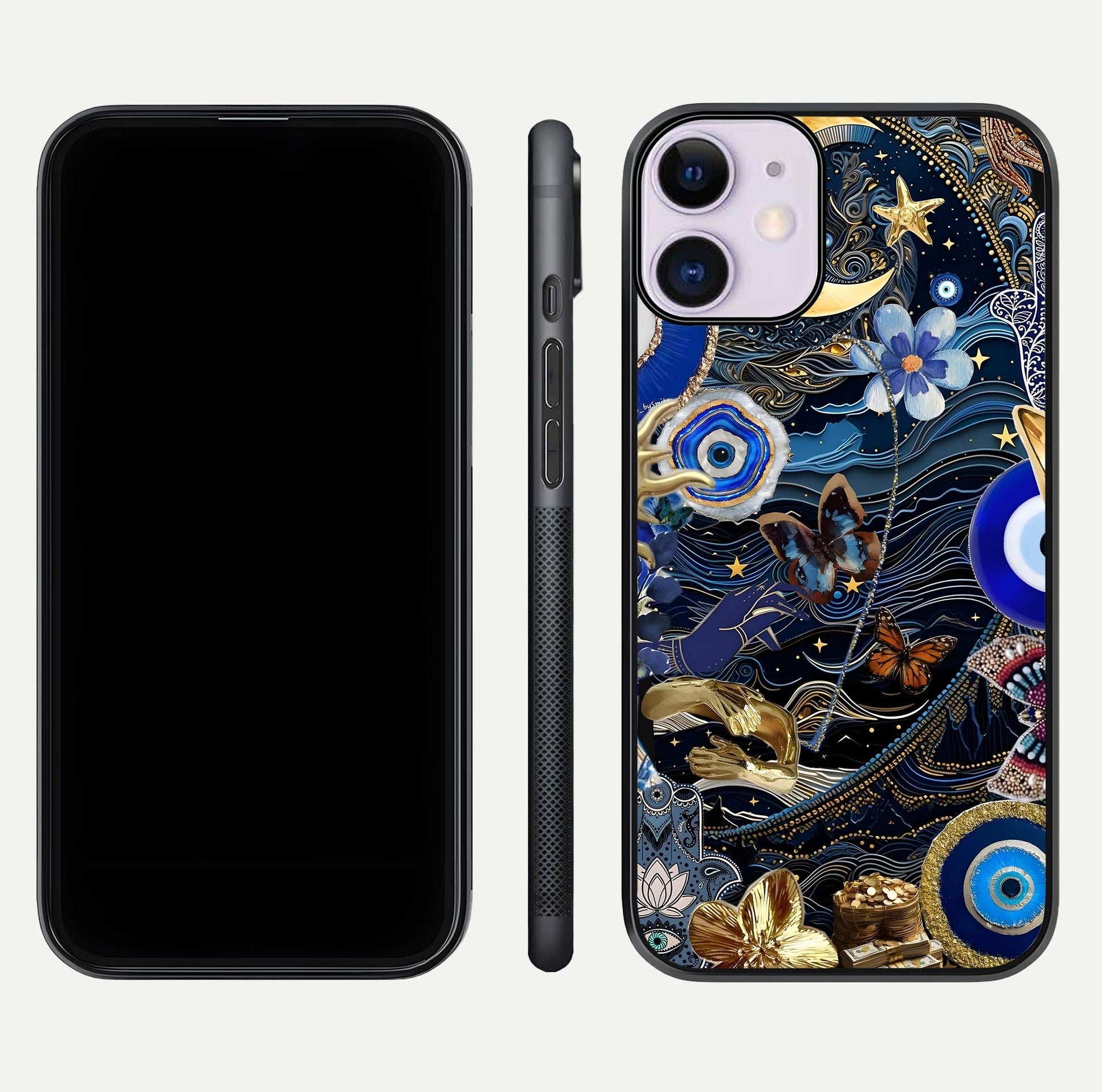 Golden Moon Magic Glass Case for iPhone 11 front and back view layout highlighting celestial tones and curved glass