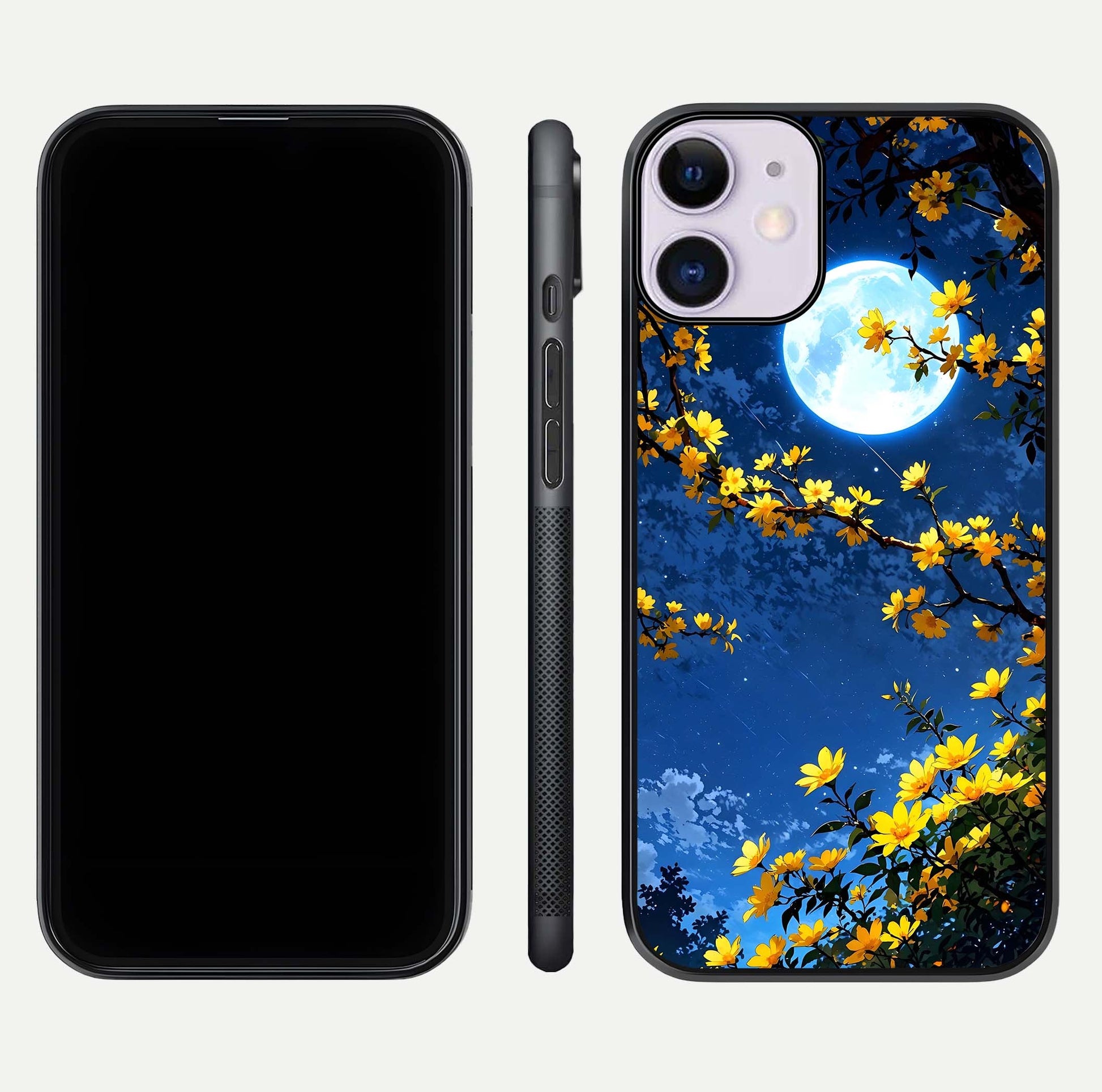 Golden Night Glow Glass Case for iPhone 11 front and back view layout displaying metallic glow and curved glass edge