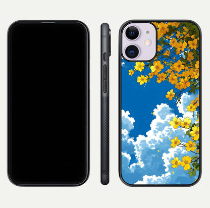 Golden Petal Sky Glass Case for iPhone 11 front and back view layout highlighting floral pattern and curved glass edges