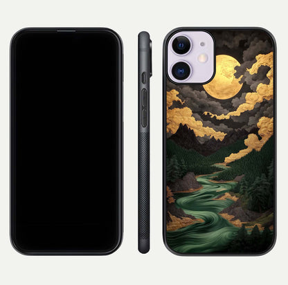 Golden River Moon Glass Case for iPhone 11 front and back view layout displaying celestial glow and smooth curves