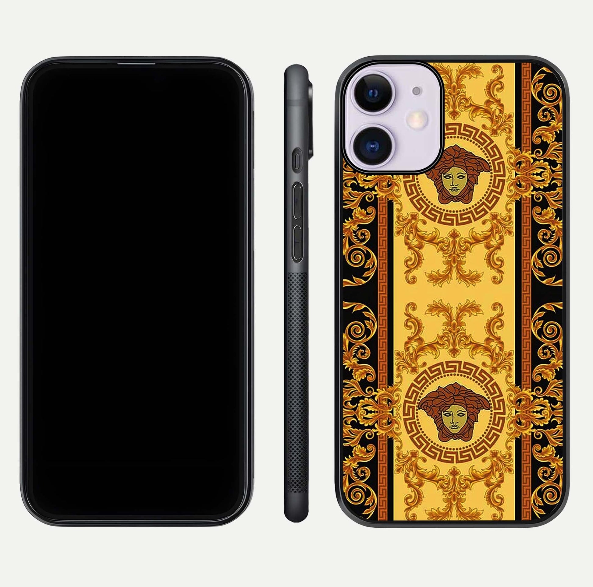 Golden Royal Heritage Glass Case for iPhone 11 front and back view layout displaying ornate gold texture and curved edges