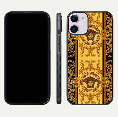 Golden Royal Heritage Glass Case for iPhone 11 front and back view layout displaying ornate gold texture and curved edges
