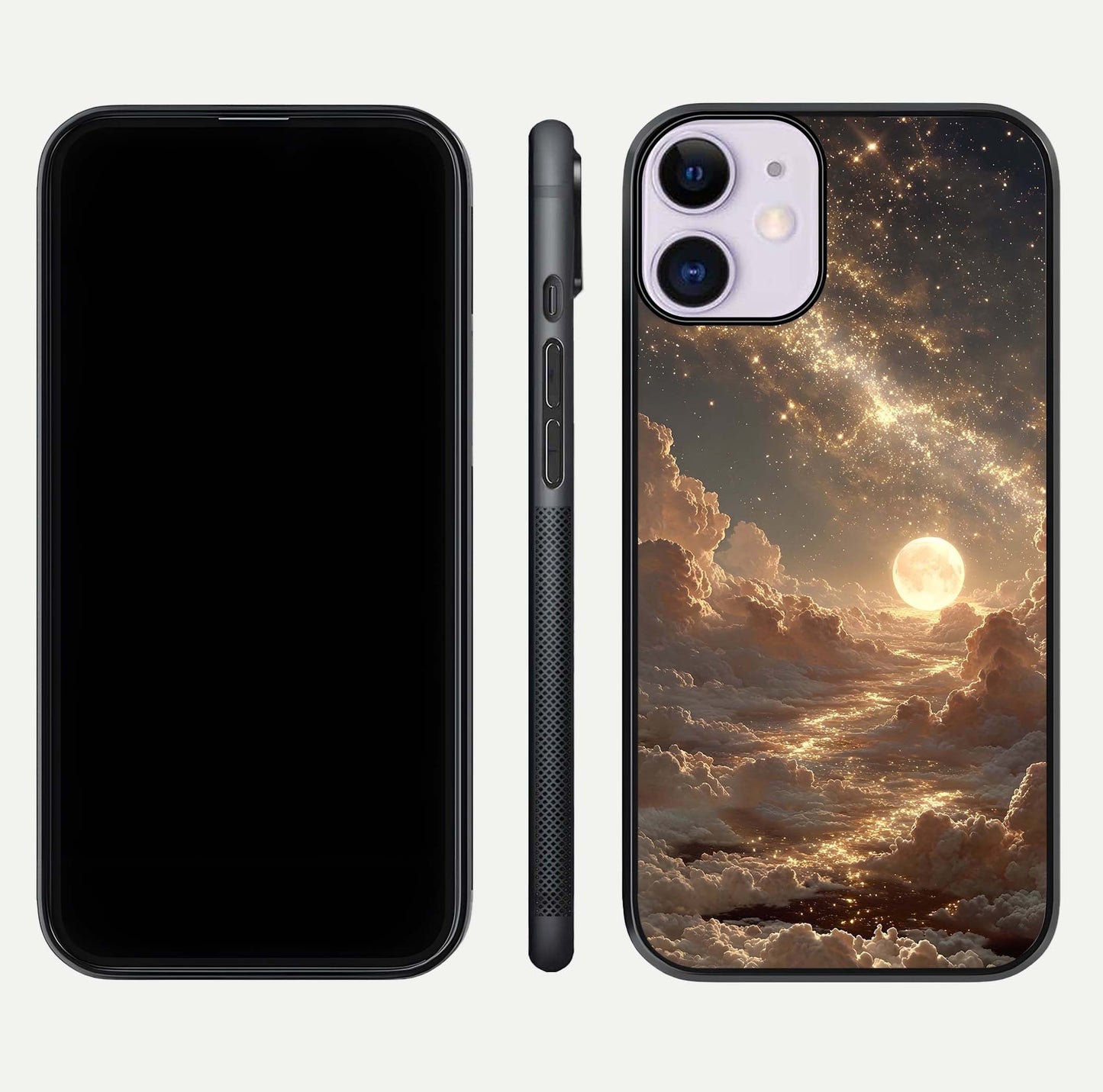 Golden Sky Dream Glass Case for iPhone 11 front and back view layout highlighting celestial gold hues and curved glass
