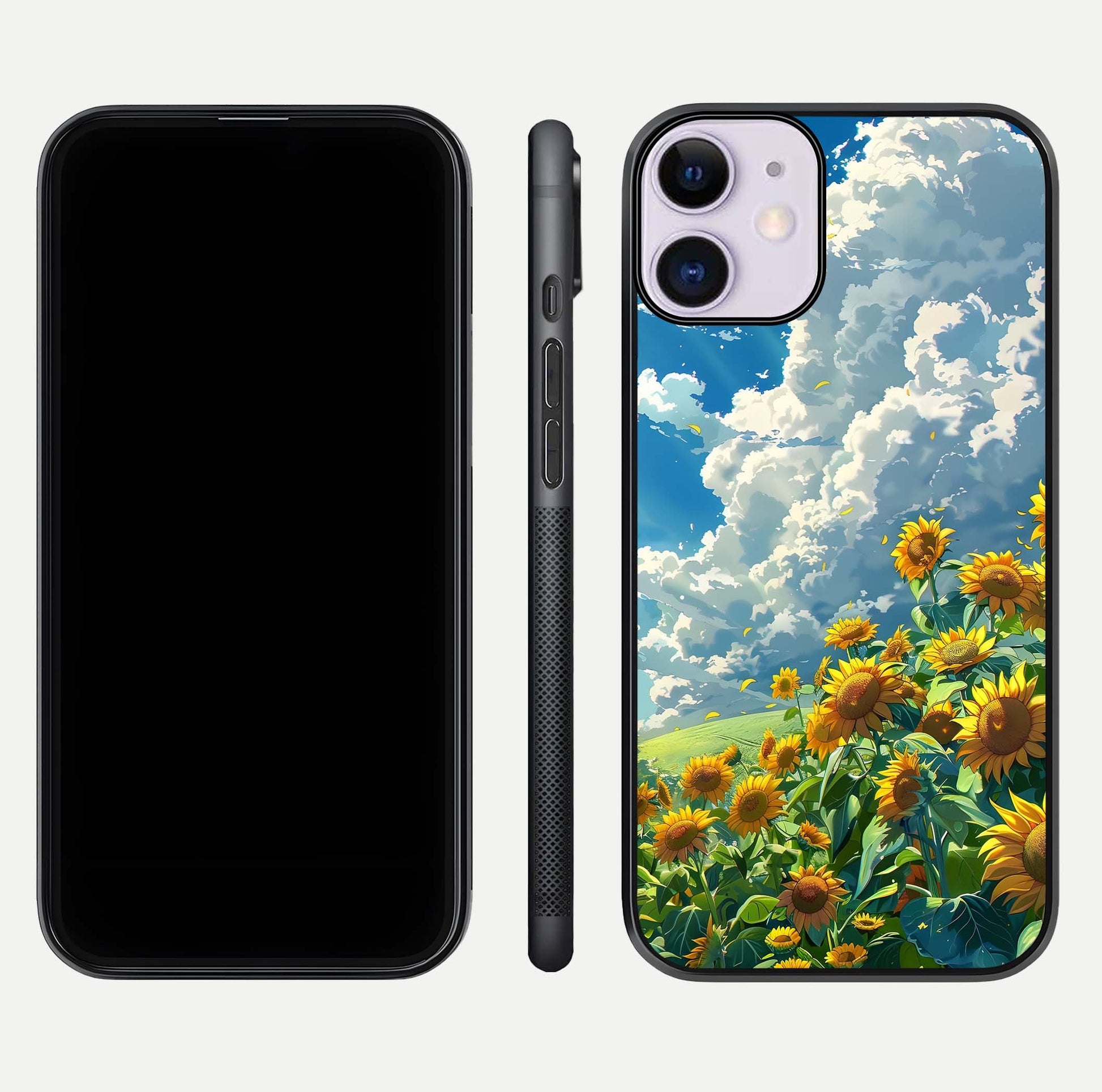 Golden Sun Glory Glass Case for iPhone 11 front and back view layout displaying bright golden tones and curved edges