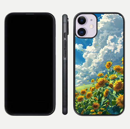 Golden Sun Glory Glass Case for iPhone 11 front and back view layout displaying bright golden tones and curved edges