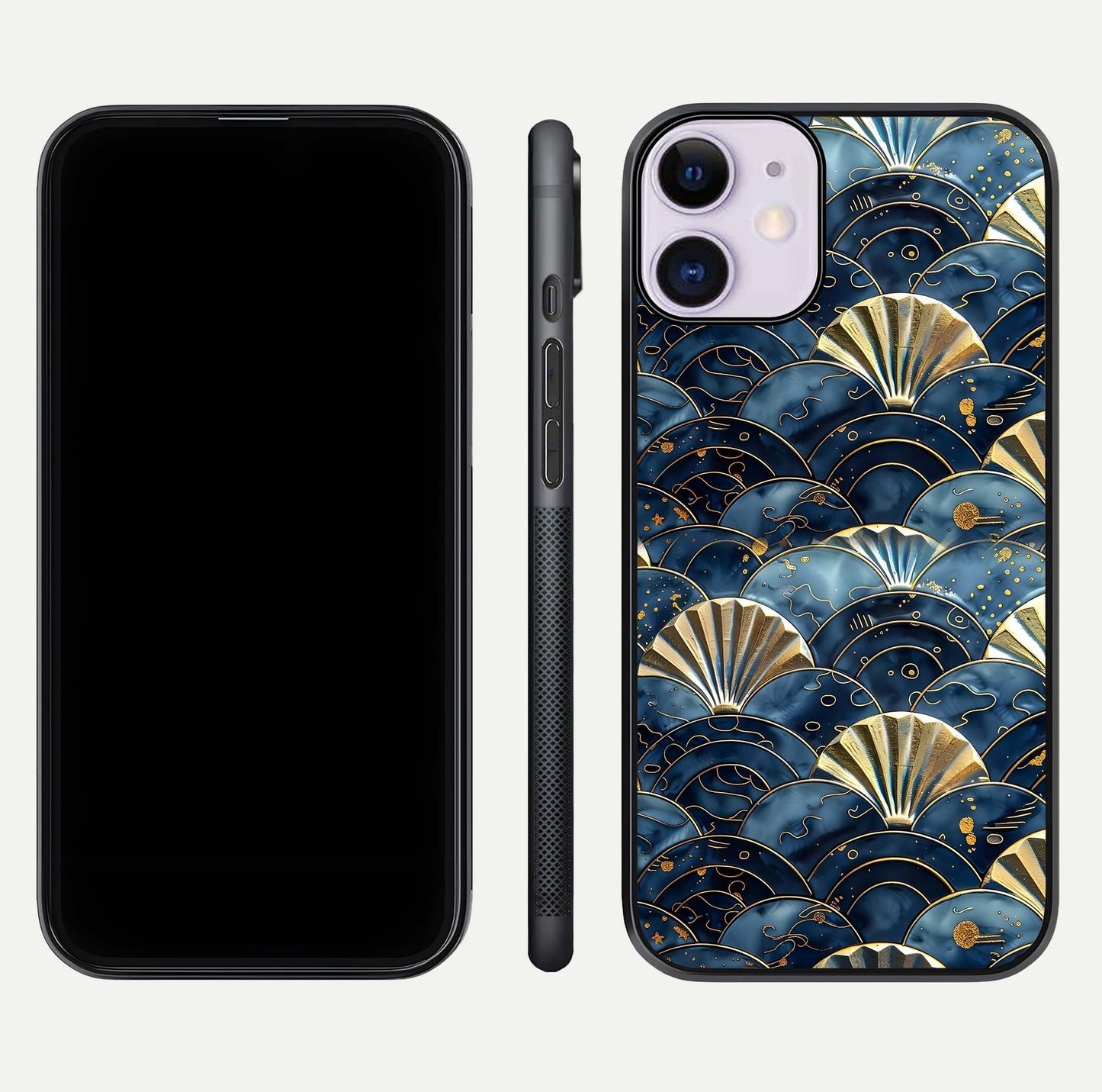 Golden Wave Luxe Glass Case for iPhone 11 front and back view layout highlighting fluid gold design and curved glass