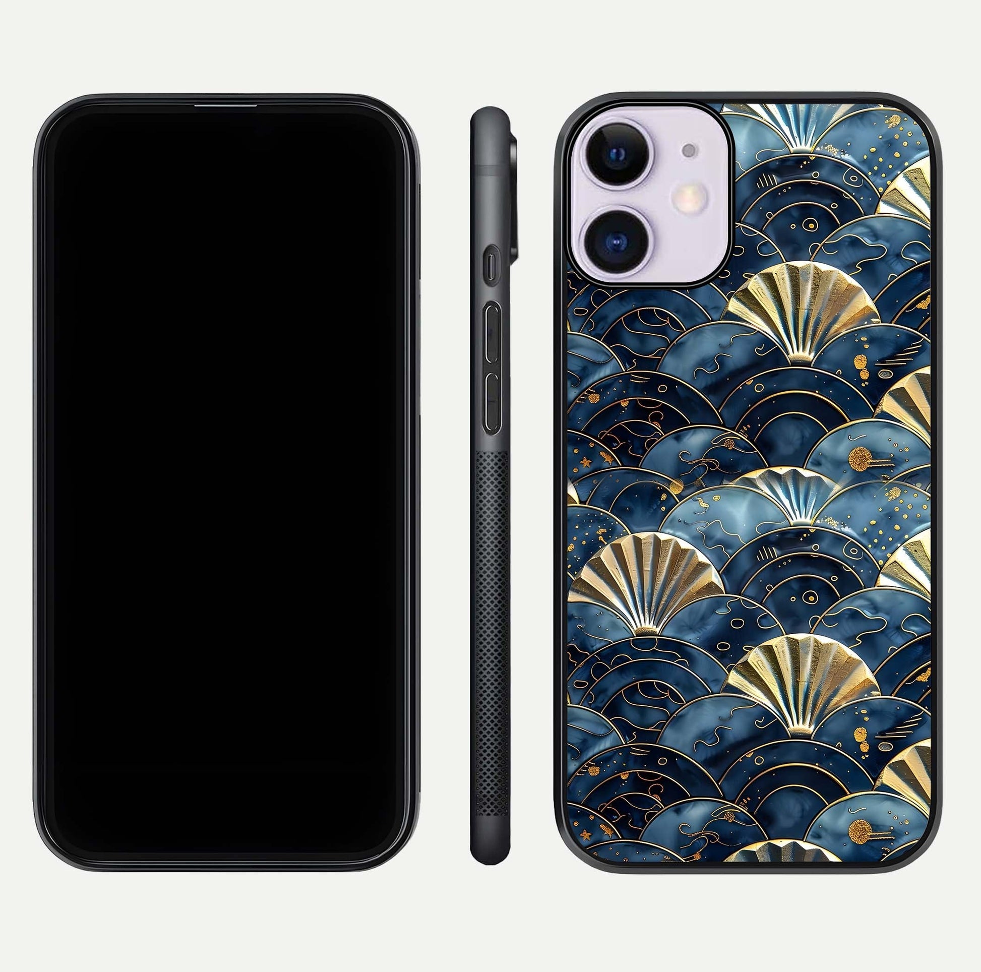 Golden Wave Luxe Glass Case for iPhone 11 front and back view layout highlighting fluid gold design and curved glass