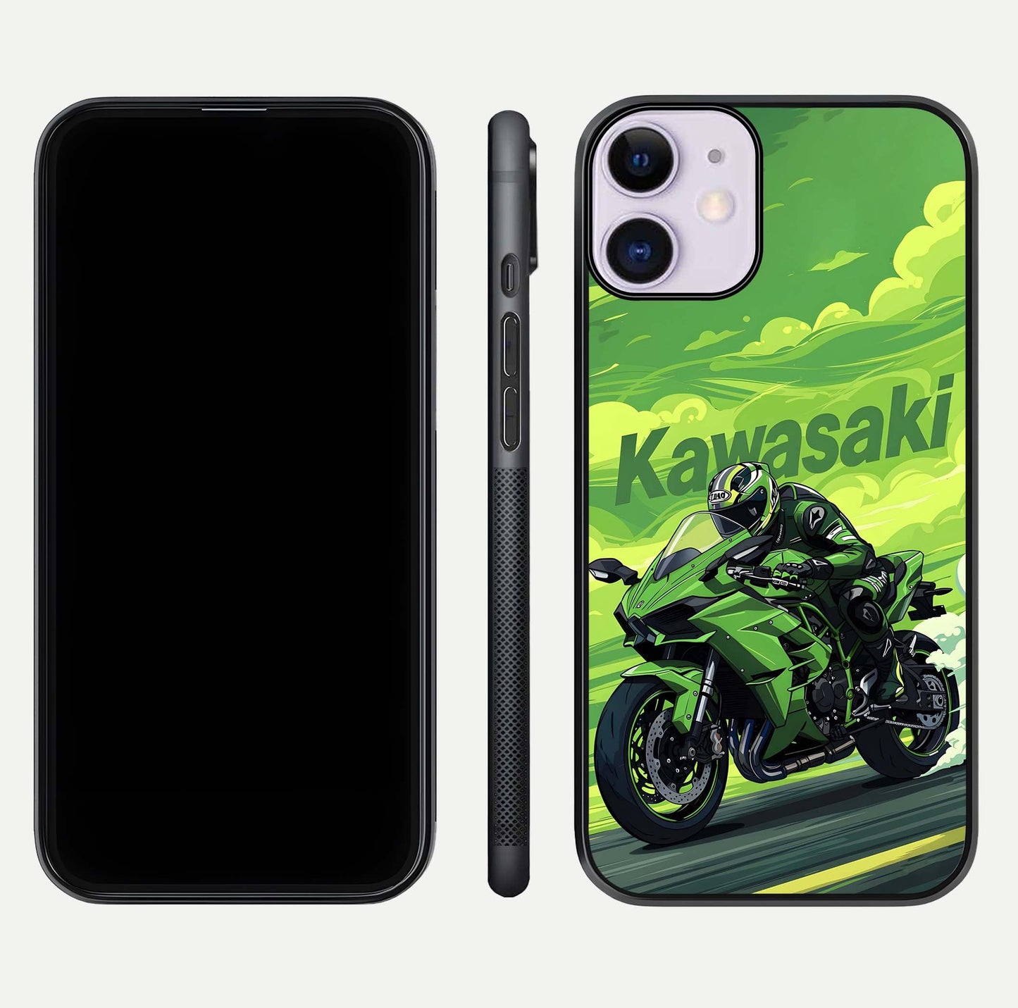 Green Kawasaki Glass Case for iPhone 11 front and back view layout highlighting vivid green tones and curved glass edges