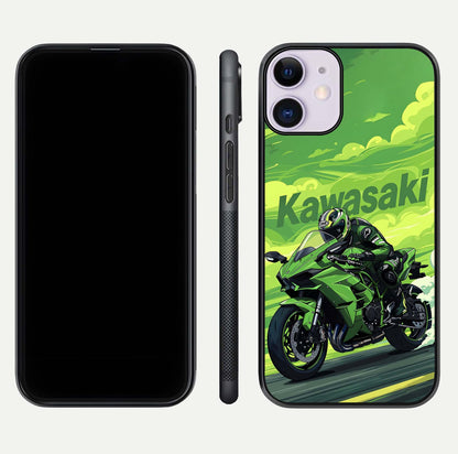 Green Kawasaki Glass Case for iPhone 11 front and back view layout highlighting vivid green tones and curved glass edges