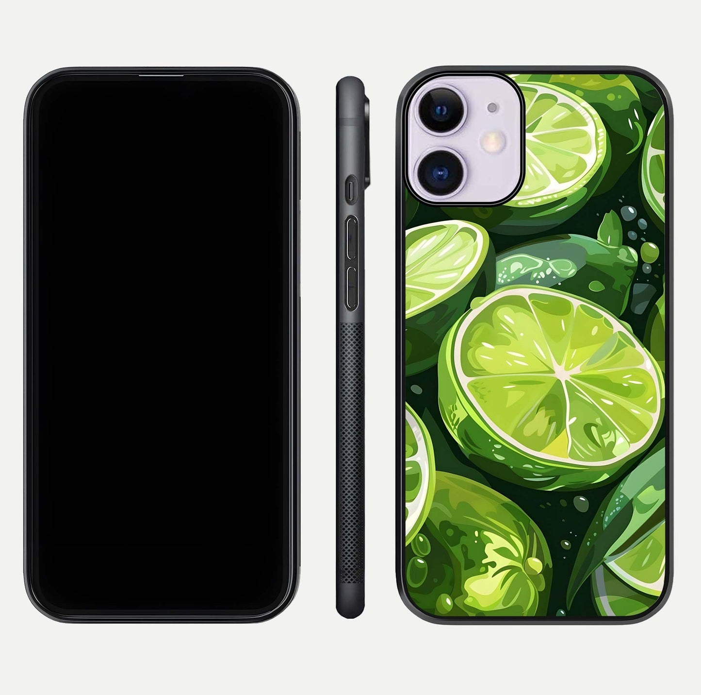 Green Lemon Glass Case for iPhone 11 front and back view layout displaying vibrant yellow-green hues and smooth edges