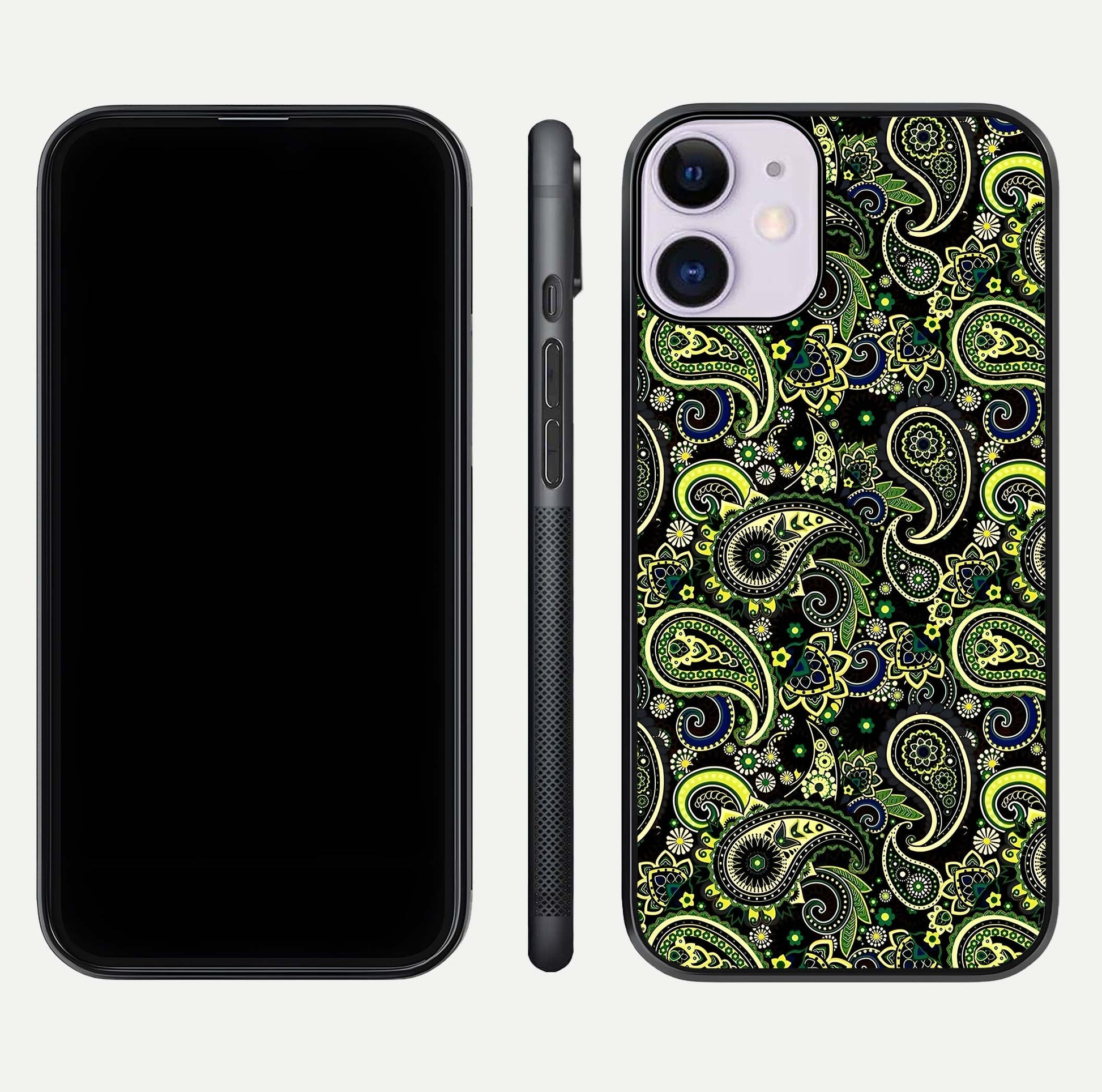Green Mandala Pattern Glass Case for iPhone 11 front and back view layout highlighting geometric art and curved glass