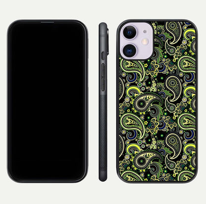 Green Mandala Pattern Glass Case for iPhone 11 front and back view layout highlighting geometric art and curved glass