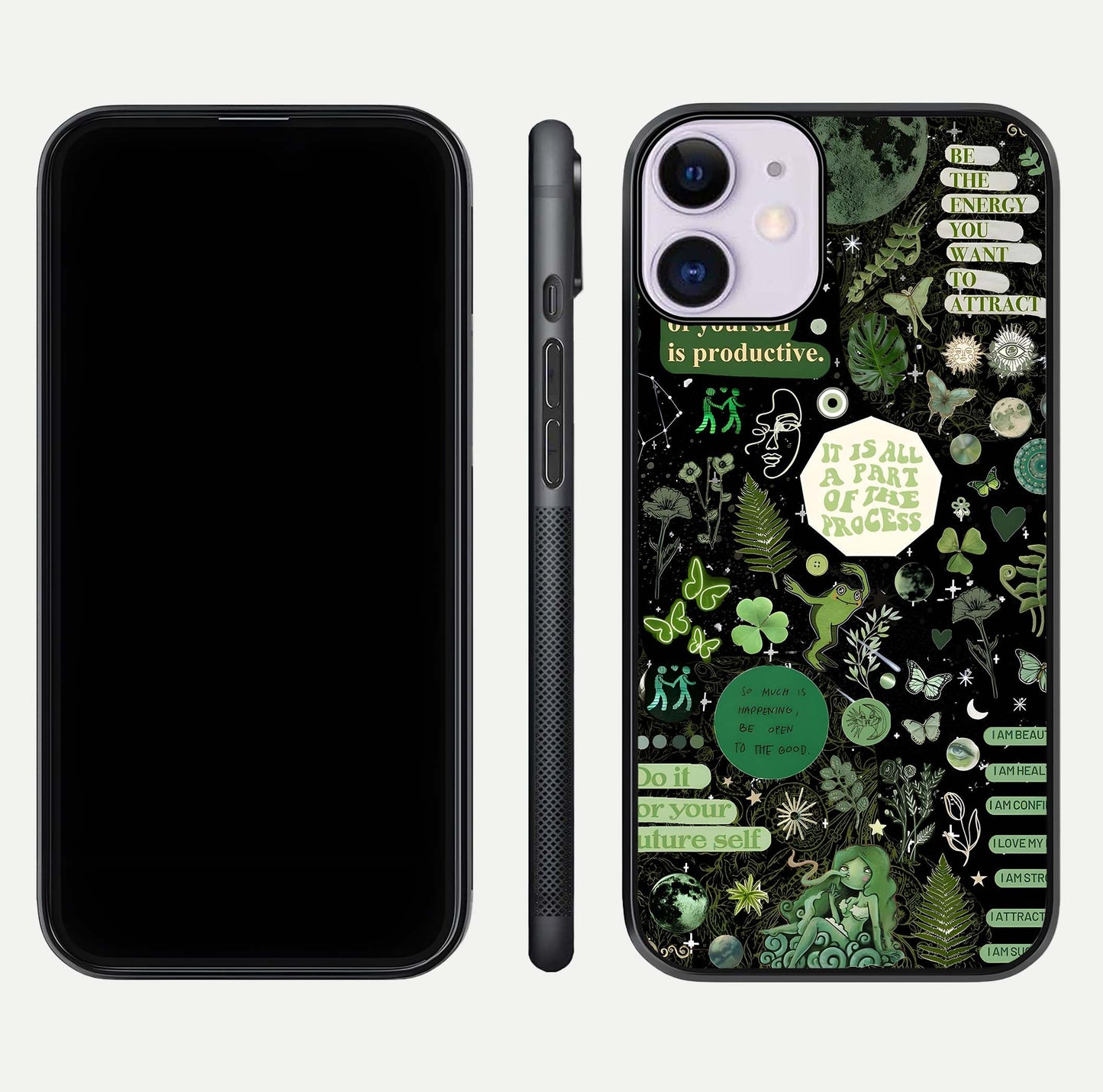 Green Moon Energy Glass Case for iPhone 11 front and back view layout highlighting cosmic tones and smooth edges
