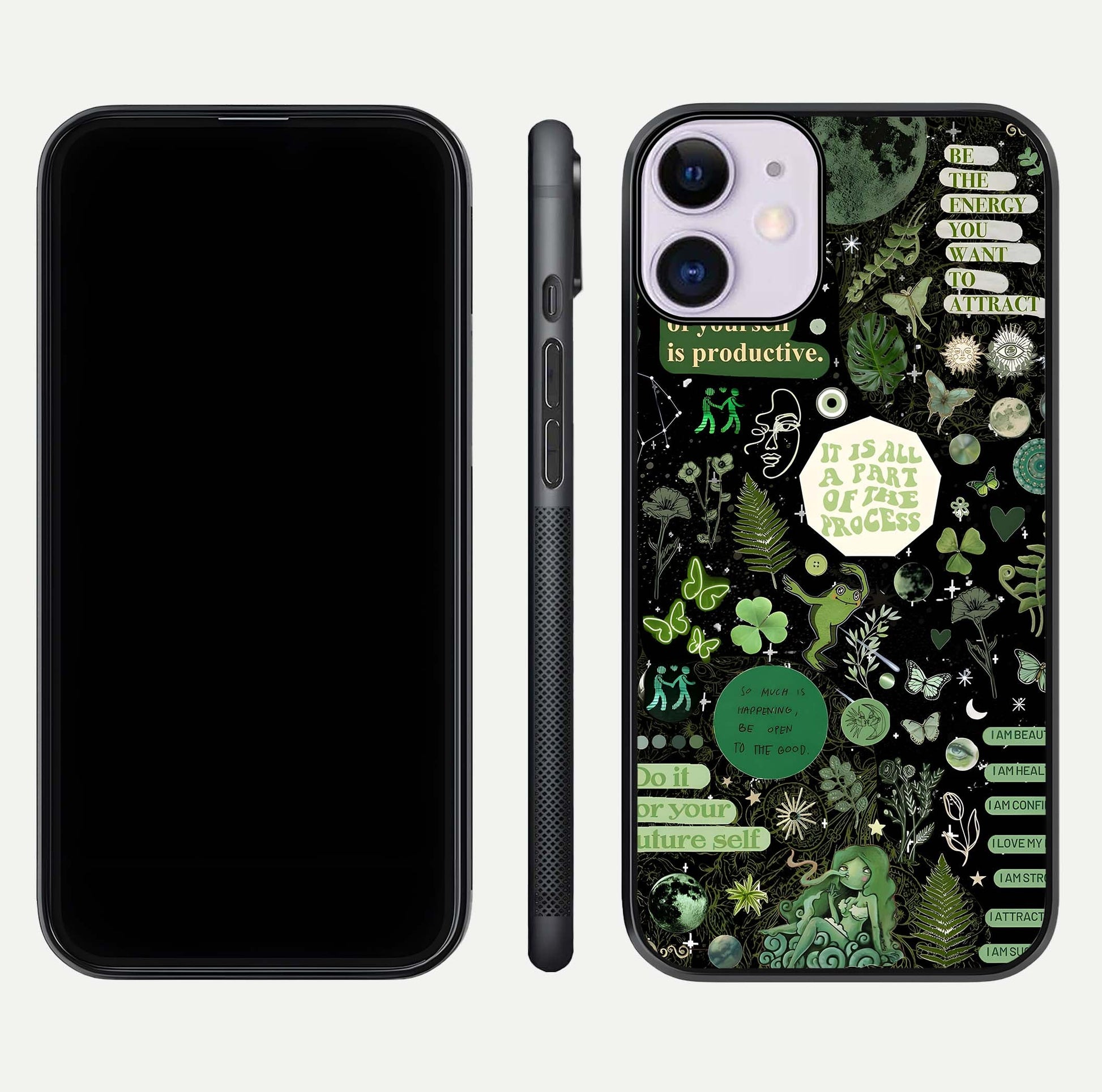 Green Moon Energy Glass Case for iPhone 11 front and back view layout highlighting cosmic tones and smooth edges