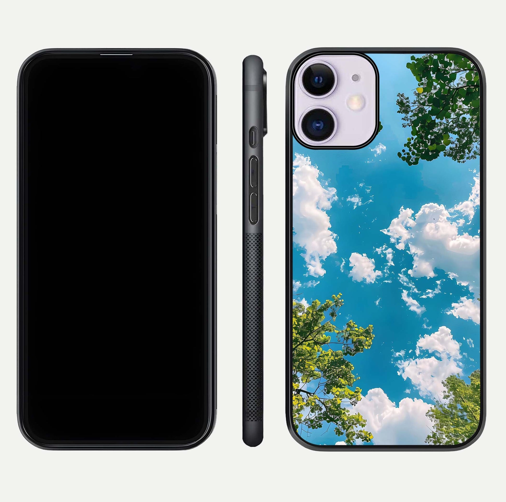 Greenery Sky Glass Case for iPhone 11 front and back view layout displaying scenic green-blue gradient and curved edges