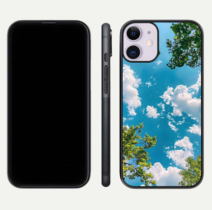 Greenery Sky Glass Case for iPhone 11 front and back view layout displaying scenic green-blue gradient and curved edges