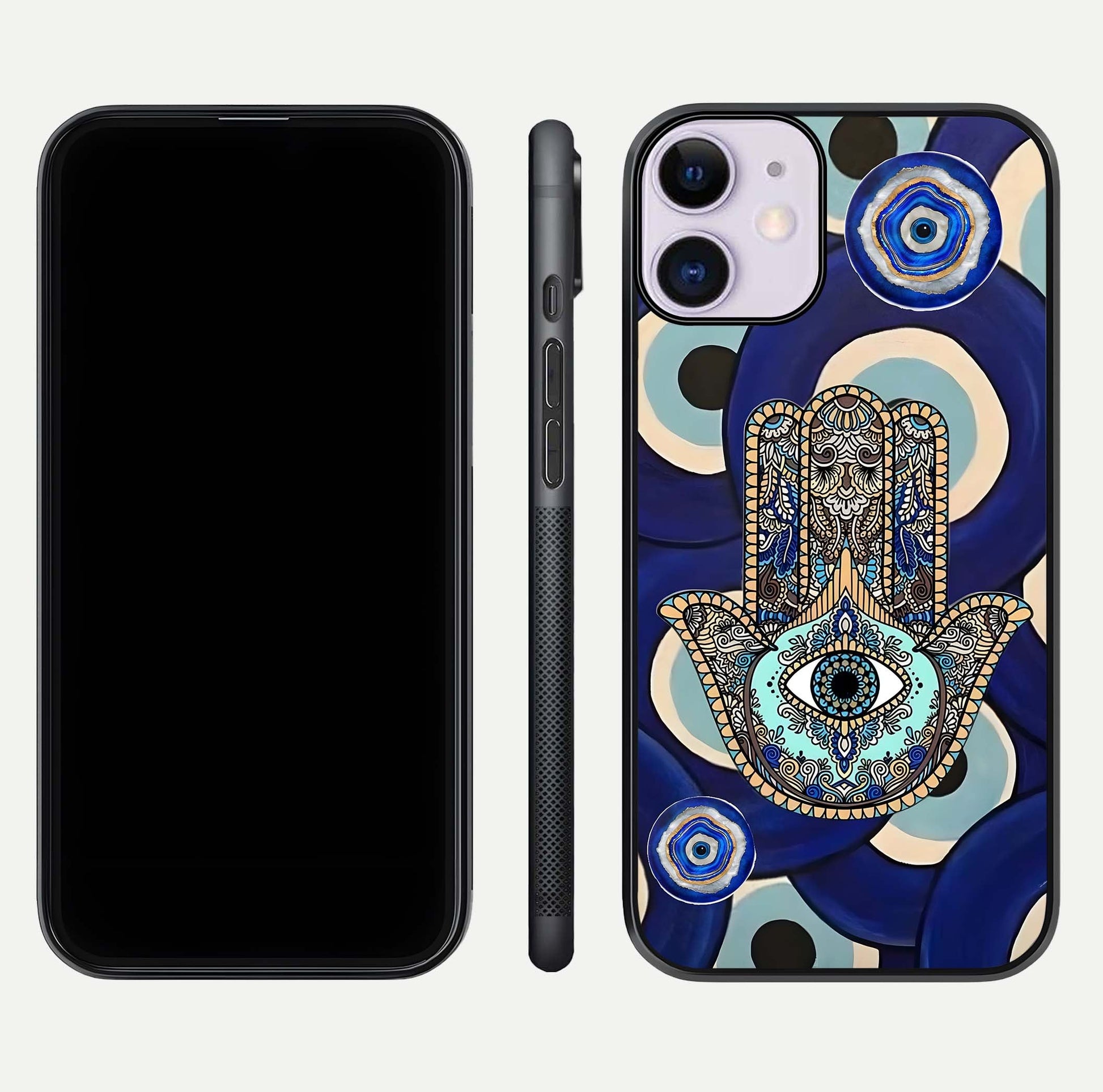 Hamsa Divine Guard Glass Case for iPhone 11 front and back view layout highlighting spiritual artwork and smooth edges