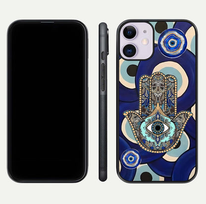 Hamsa Divine Guard Glass Case for iPhone 11 front and back view layout highlighting spiritual artwork and smooth edges